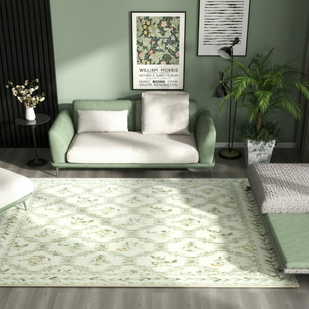 Jakolive Light Green Area Rug: 5x7 Lightweight Washable Carpet with Floral Accents &ndash; Perfect for Girls Bedrooms Living Rooms Dining Areas (Under Kitchen Tables) & Indoor Spaces