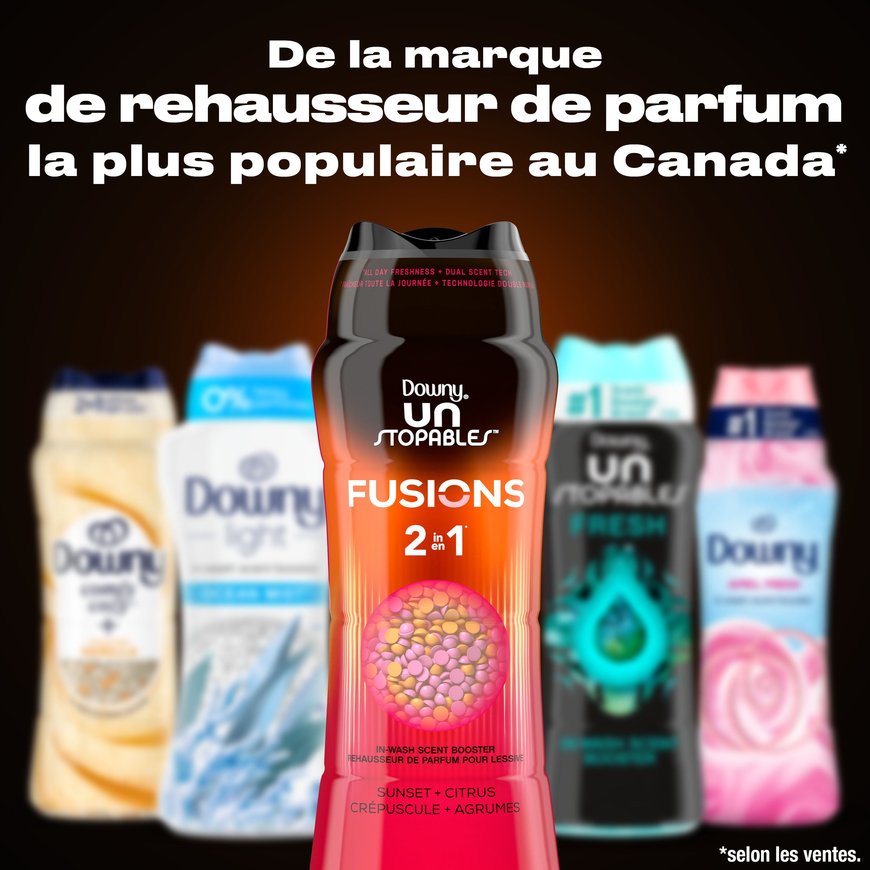 Perles rehausse-parfum pour la lessive Downy Unstopables Fusions, parfum Crépuscule et agrumes, fraîcheur 2 en 1 toute la journée, technologie à double parfum 303 g