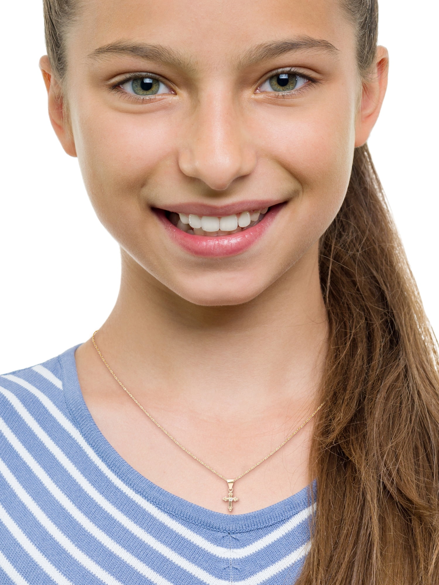 Brilliance Fine 's Girl’s/Tween 14K Yellow Gold CZ Cross Pendant, 18” Chain