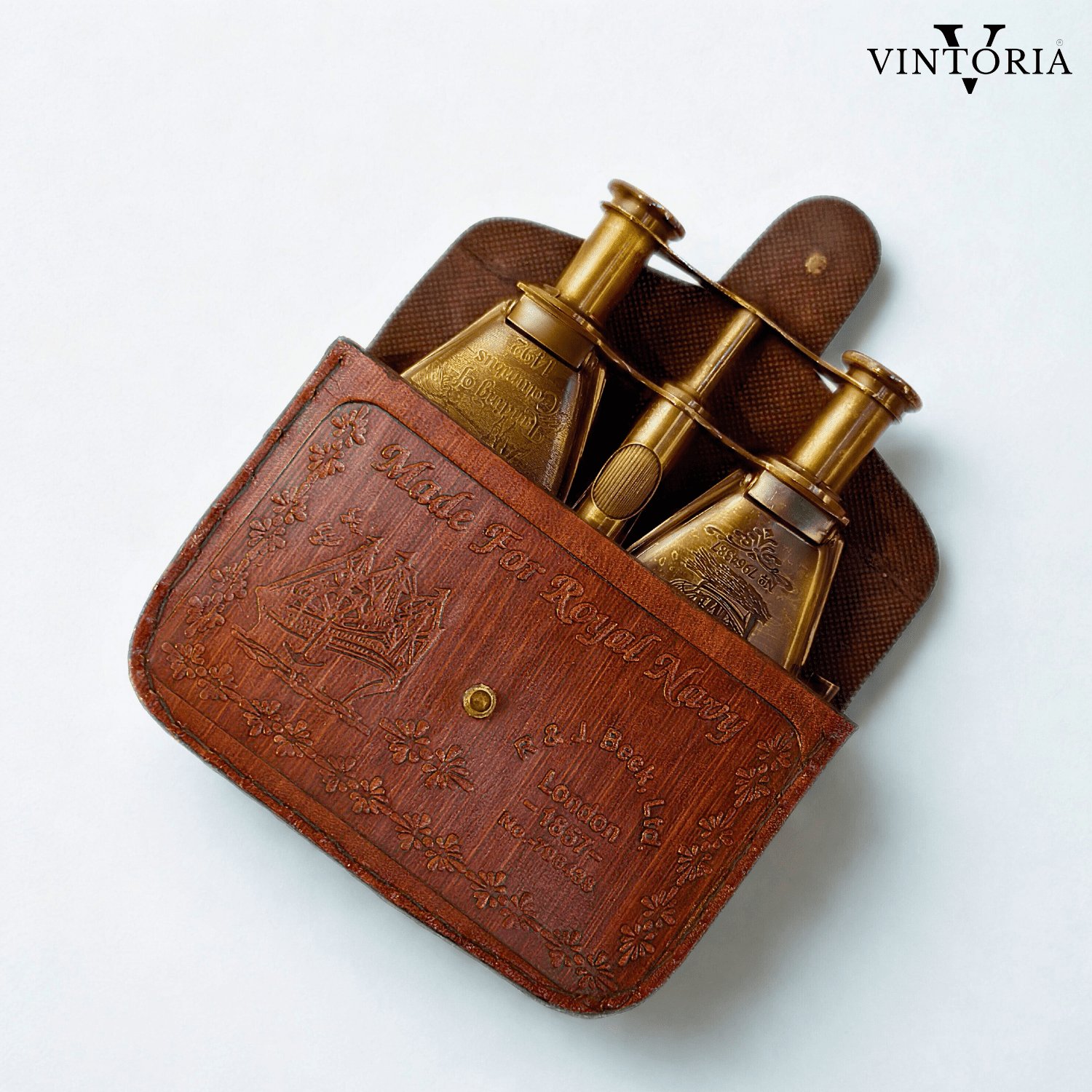 Brass Binoculars with Leather Case Columbus Engraved