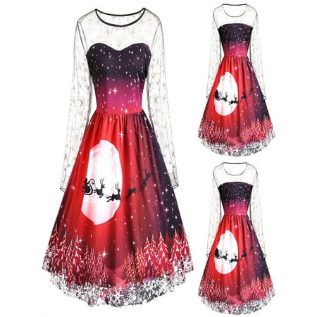 Christmas Fashion Fashion Women Vintage Merry Christmas Print Long Sleeve Mesh Evening Party Dress ()