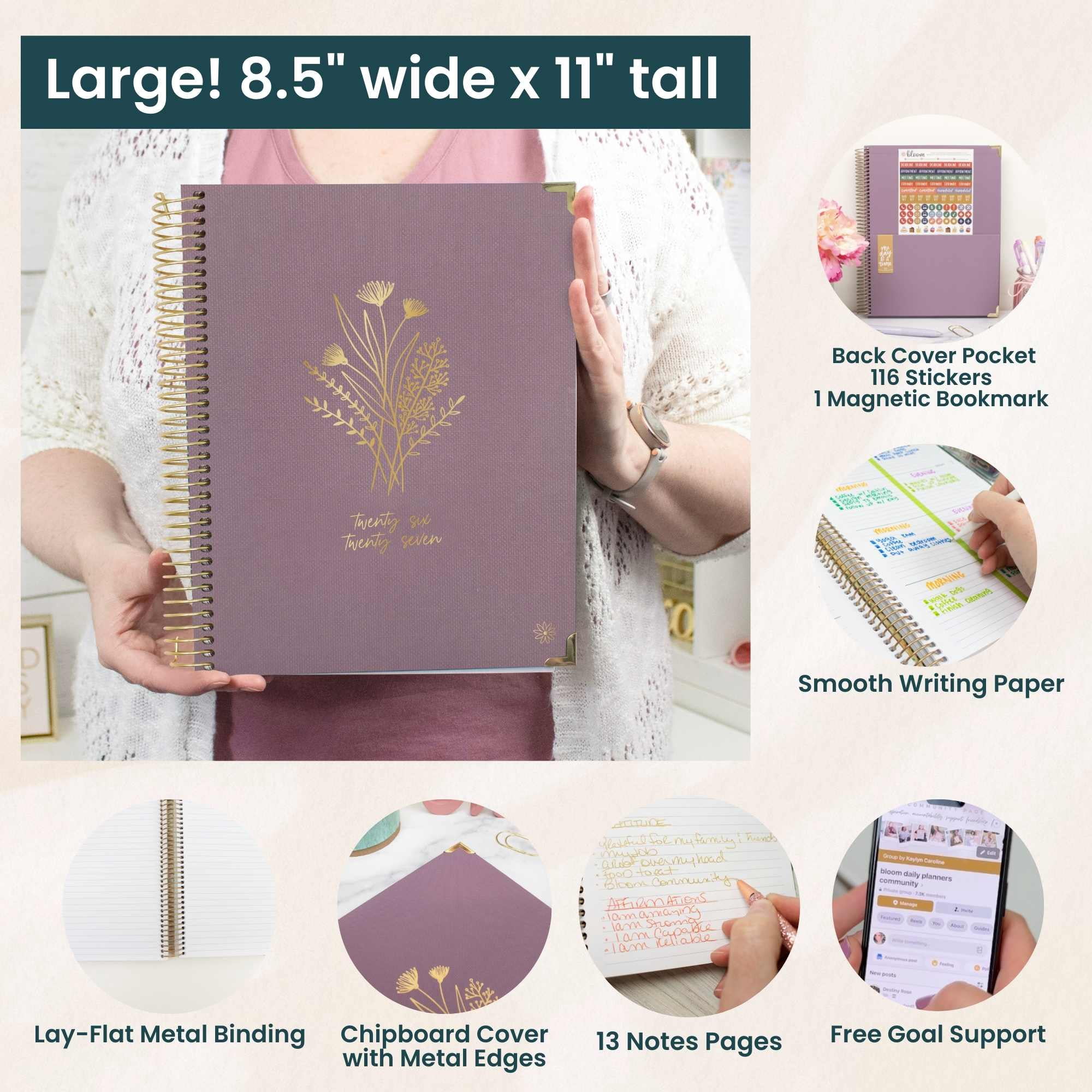 bloom daily planners 2026-2027 Academic Hard Cover Planner, 13-Month Monthly & Weekly, 8.5" x 11", Purple Linen
