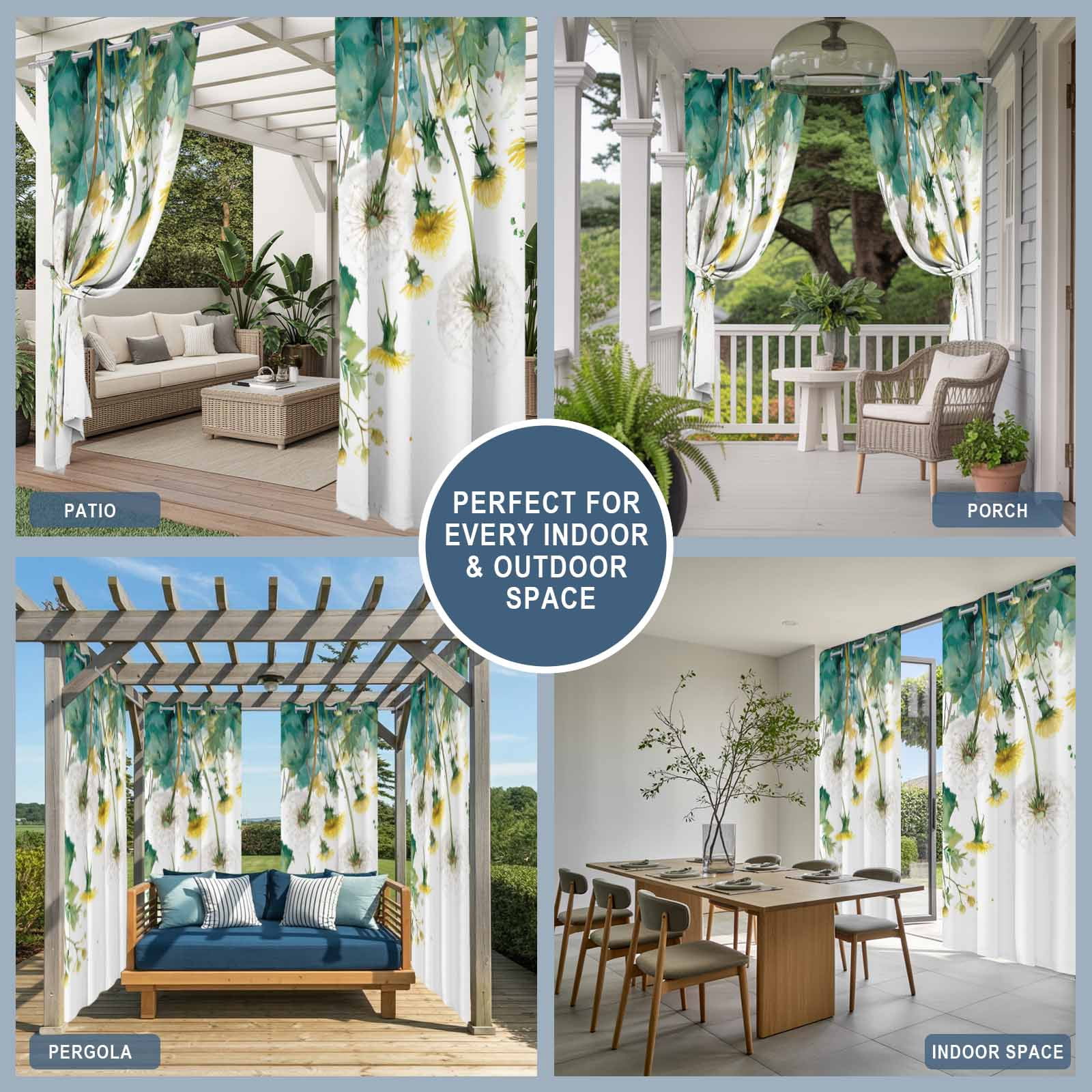 White Dandelions Outdoor Curtains for Patio, Summer Botanical Yellow Flower Green Leaf Farmhouse Sunshade Privacy Drapes Grommet Waterproof Outside Curtains for Porch/Cabana/Balcony 54"x108", 1 Panel