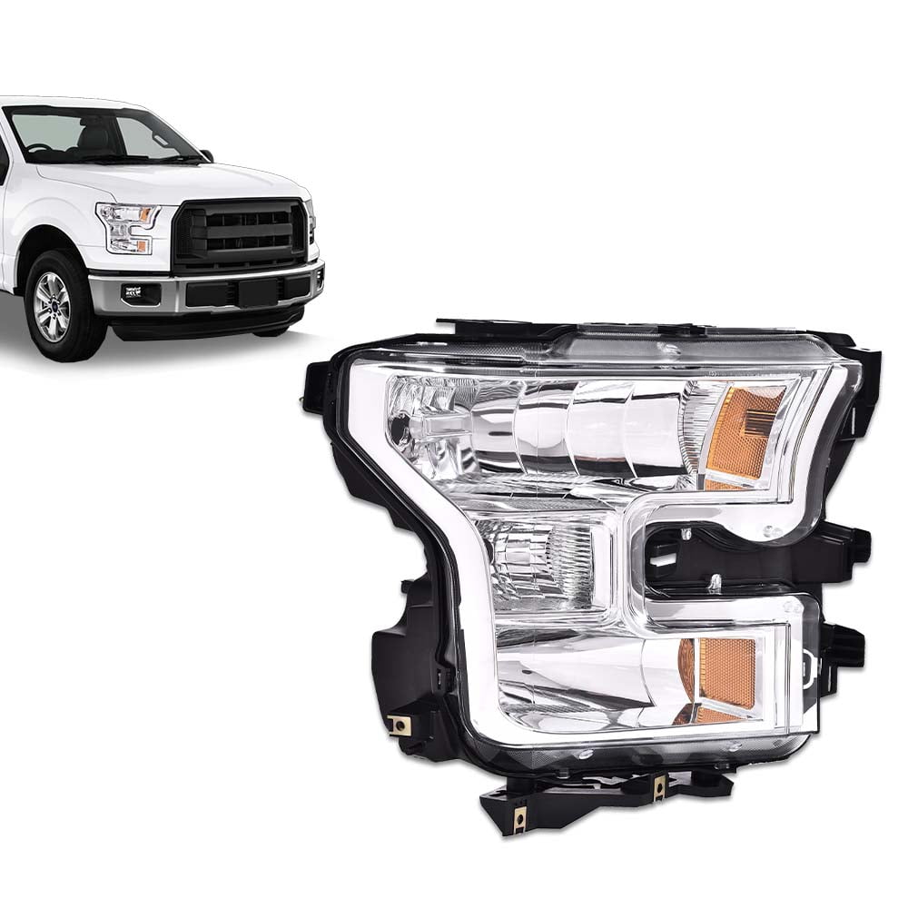 PIT66 Headlight Fit for 2015 2016 2017 Ford F150 Replacement Headlights Head Lamps Right Passenger Side Headlamp Assembly Accessories Clear Lens Chrome Housing Amber Reflector