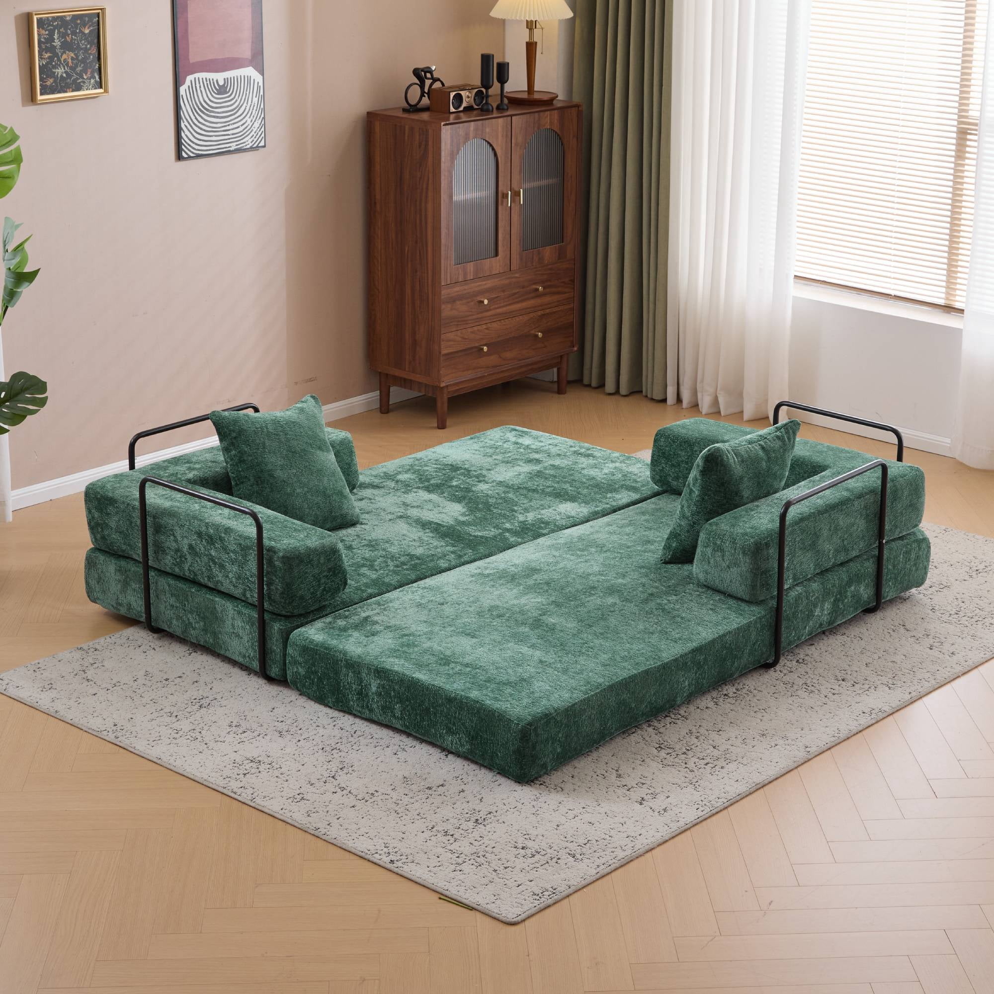 Convertible Sleeper Sofa Bed with Pillow, Corduroy Folding Mattress Floor Sofa Lounge Couch for Living Room, Bedroom, Dark Green