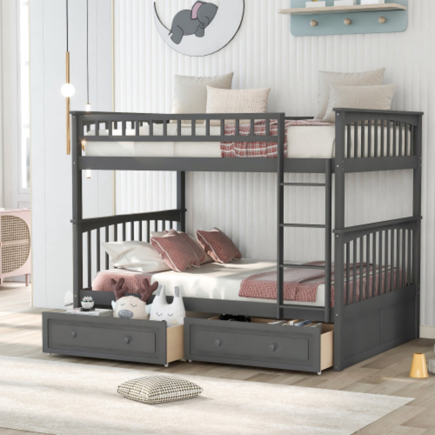 Full Over Full Bunk Bed with Storage Drawers, Convertible Wood Bunk Bed Frame with Safety Guardrails, Solid Pine Wood Kids & Adult Bed for Bedroom, Gray
