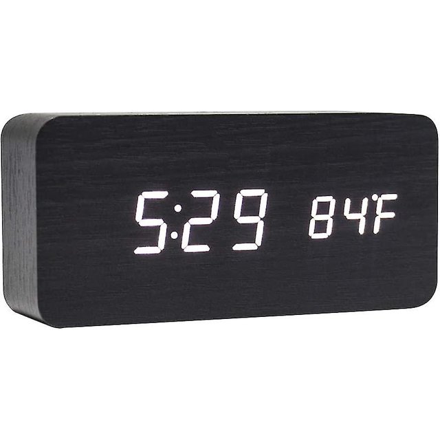 Reloj digital de madera: reloj despertador LED multifuncional con Visualización de hora/fecha/temperatura y control de voz Negro