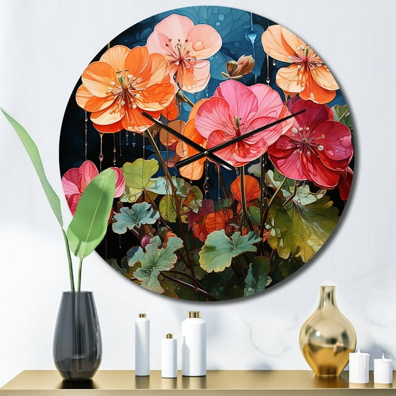 Designart "Coral Geraniums Garden Euphony I" Floral Oversized Wall Clock