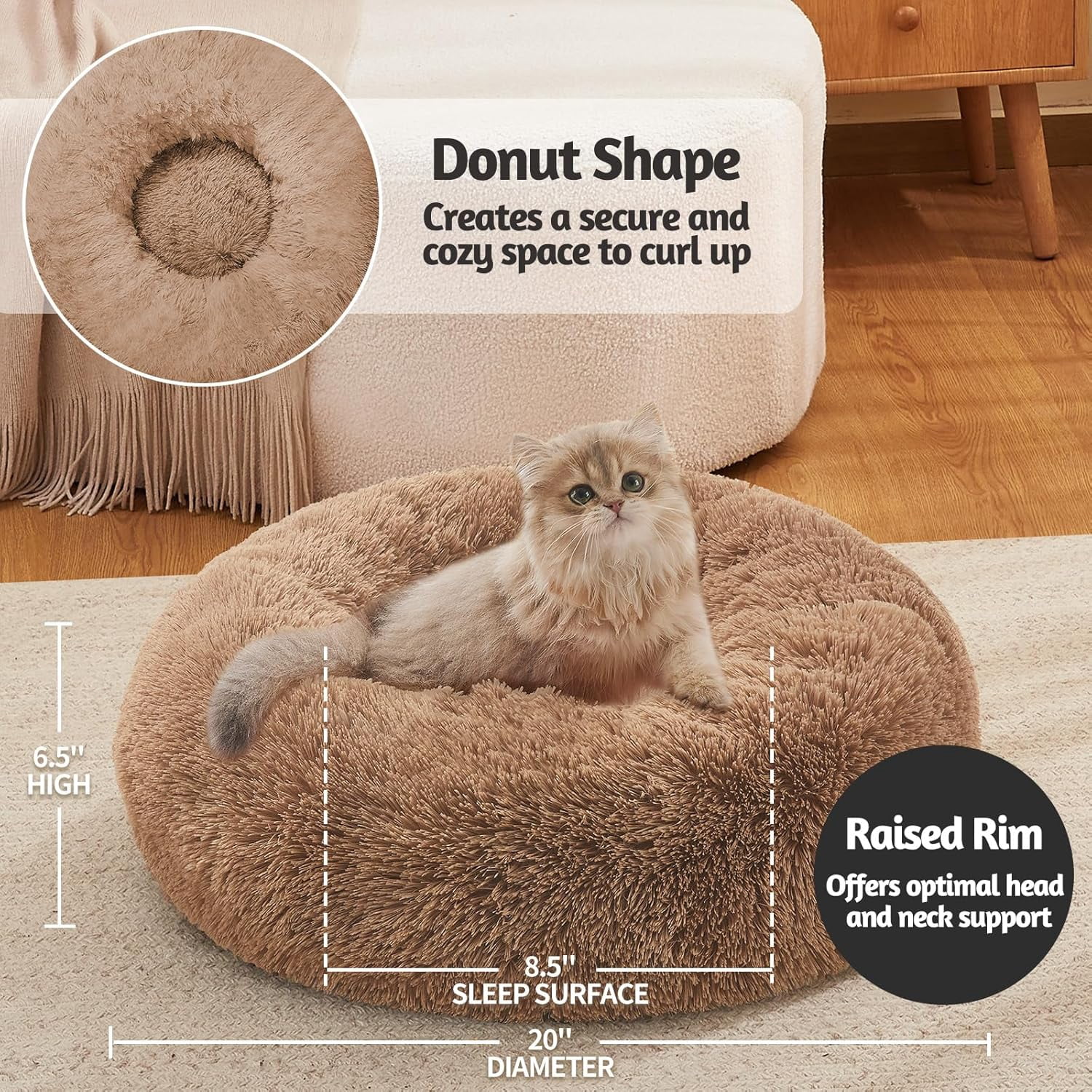 Calming Donut Cat Bed Pillow for Small Pets, Machine Washable Removable Cover, Comfort Plush Fluffy Faux Fur with Anti-Slip Bottom, Dogs-Friendly Round Cuddly Design, Ocher, 20 inches
