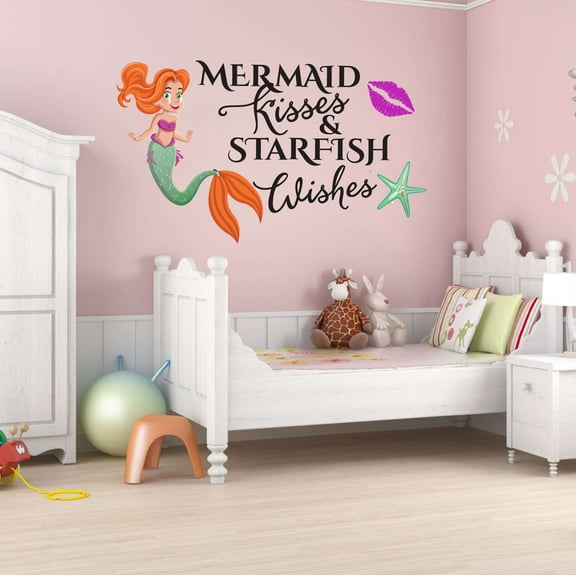Orange Lips Starfish Mermaid Kisses Wishes Mermaids Vibes Seahorse Statfish Princess Fish Starfish Queen Sweet Dreams Bedtime Unicorn Lovely Dream Wall Decal Sticker - Size: 40 In X 24 In