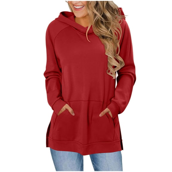 Tunic Hoodies for Women with Kangaroo Pocket Side Split Hem Hooded Sweatshirts Pullover Long Sleeve Fall Tops (XL, Red)