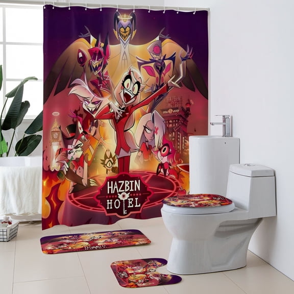 Hazbin Hotel Polyester Bath 4-Piece—Shower curtain, toilet mat two floor mats.