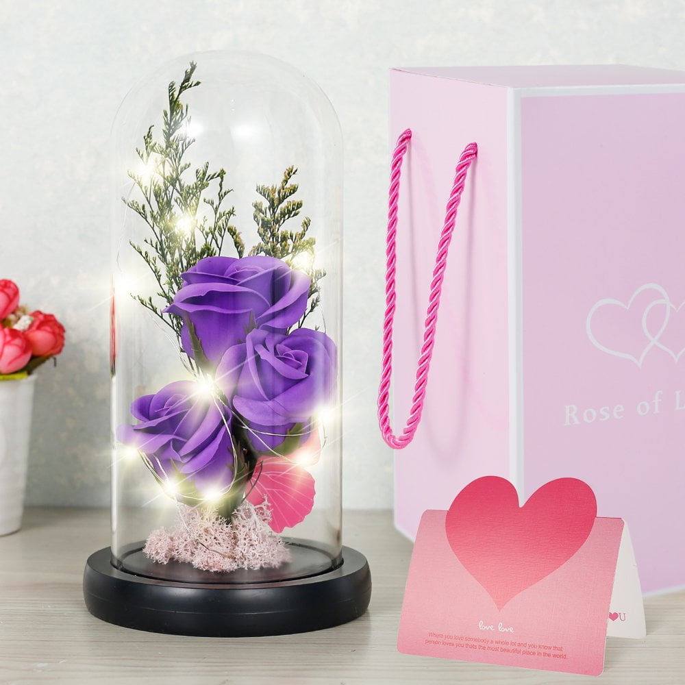 Glasseam Beauté Et La Bête Rose En Verre Dôme LED Lumières Cristal Rose Fleurs Cadeau Pour Anniversaire Saint Valentin Mariage Petite Amie Femme