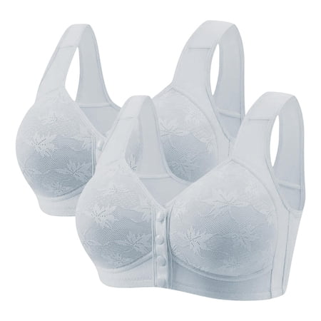 SMihono 2 Pack Daisy Bras for Older Women No Underwire Full Coverage Senior Padded Bra Floral Front Closure Push Up Cotton Bralettes Light Blue XXXL
