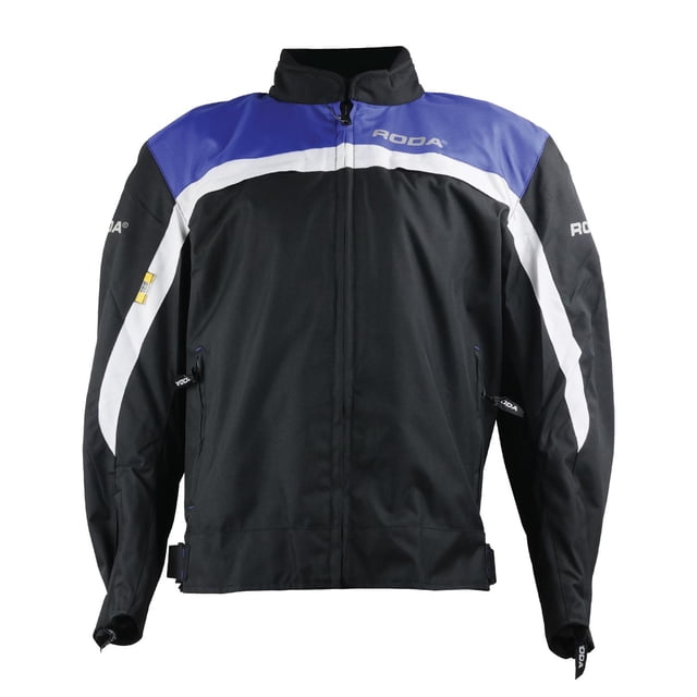 chamarra spartan negro/azul talla chica roda azul 2xl chaqueta para motociclista, vista frontal centrada; negra con panel superior azul y franjas blancas, cierre frontal y cuello alto, logo Roda en pecho y mangas, bolsillos interiores y exteriores visibles, tiras reflectantes en mangas y hombros y acabado repelente al agua según especificaciones; suele usarse también para transporte de equipo ligero en motocicleta.