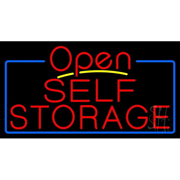 Red Self Storage White Border Open 4 LED Neon Sign 13 x 24 - inches, Black Square Cut Acrylic Backing, with Dimmer - Bright and Premium built indoor LED Neon Sign for Store interior and stroefront