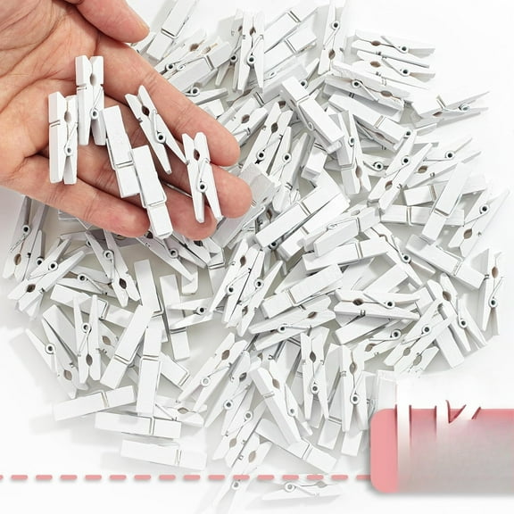 100Pcs White Mini Wooden Clothespins with 328ft Jute Twine - Photo Display Clips for Hanging Pictures, Crafts, Wall Art, Baby Showers (1.4 Inch, White)