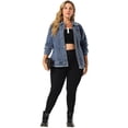 thumbnail image 3 of Women's Plus Size Denim Jacket Turndown Collar Chest Pocket Frayed Washed Crop Jean Jackets Blue 3X, 3 of 7