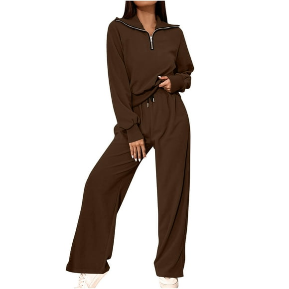 PEZHADA Fall Savings Women Two Piece Outfits Tracksuit Half Zip Lapel Long Sleeve Sweatshirt High Waist Drawstring Pants Set Sweatsuit Brown