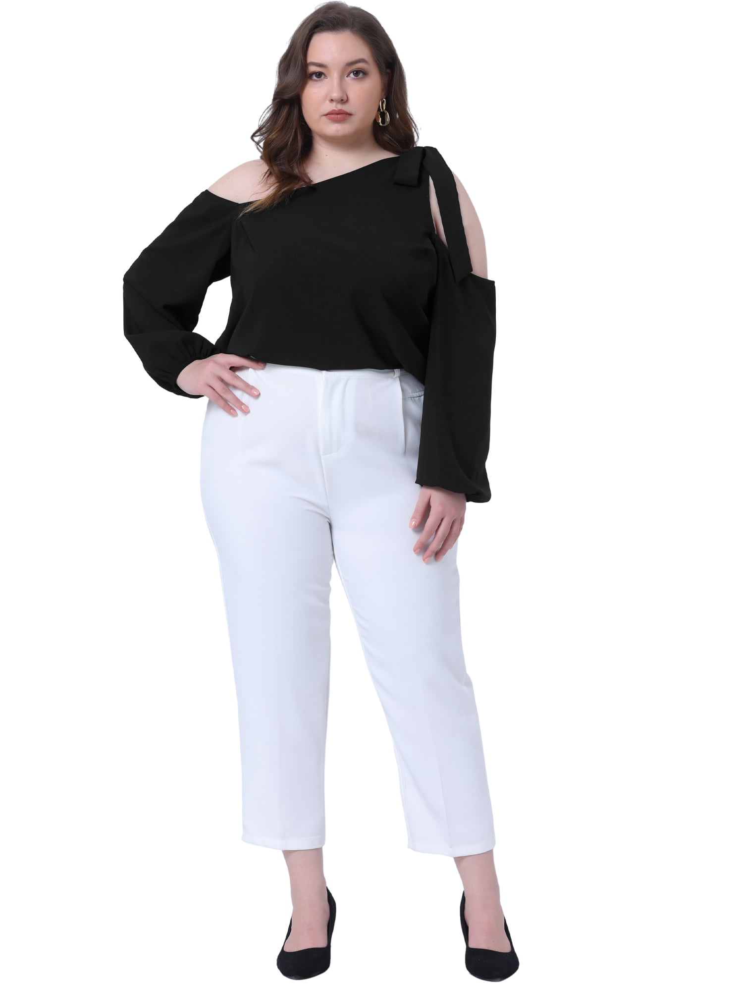 DARING DIVA Women's Plus Cold Shoulder Tie Long Sleeve Blouse 2X Black