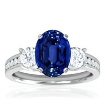 GemsNY September Birthstone - Three Stone Oval Untreated Blue Sapphire Ring with Prong and Channel Set Round Side Diamonds For Women (Grade - AAAAA | 2.15cttw)