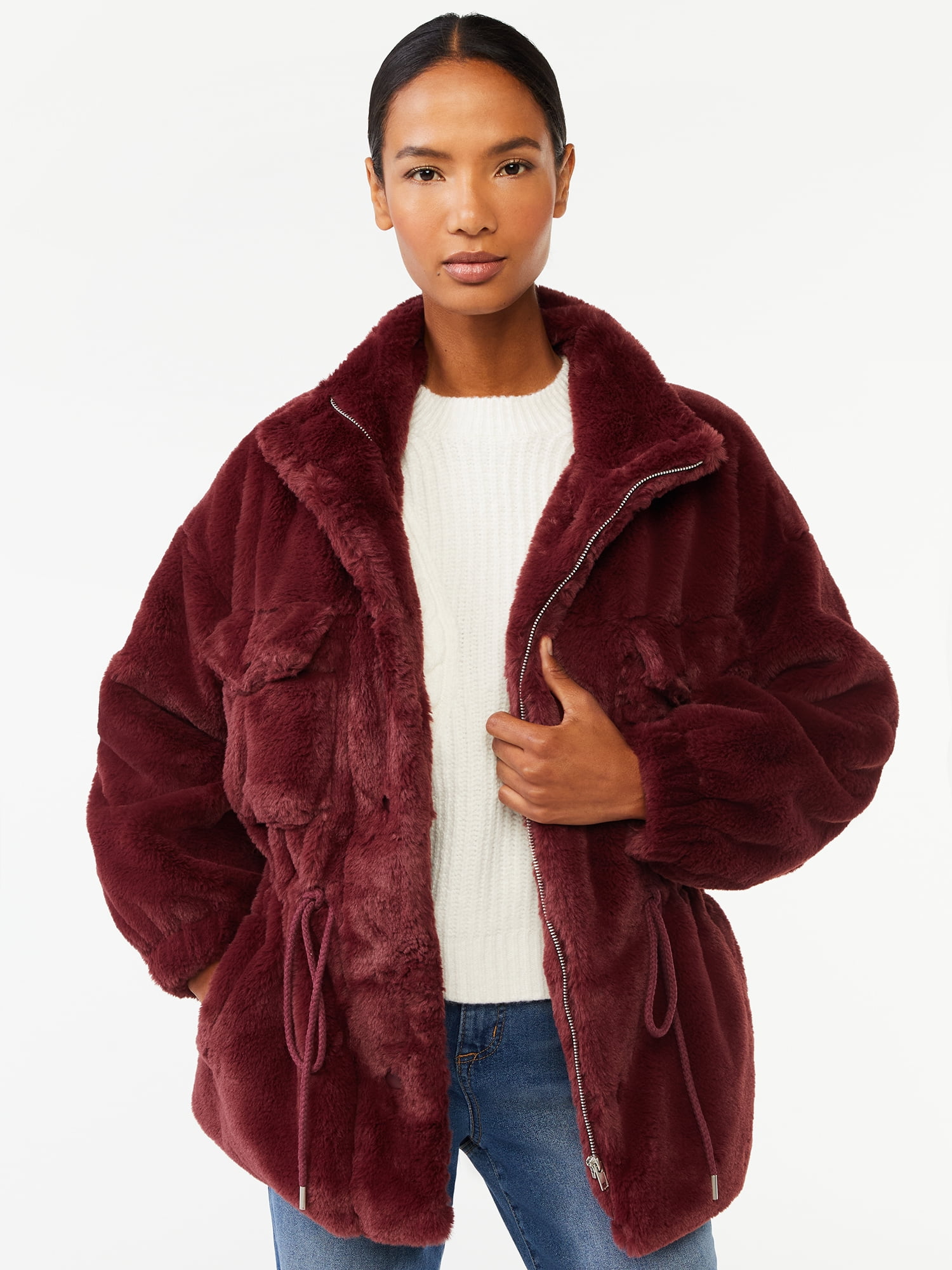 Scoop Women's Faux Fur Oversized Jacket with Cinch Waist - Walmart.com