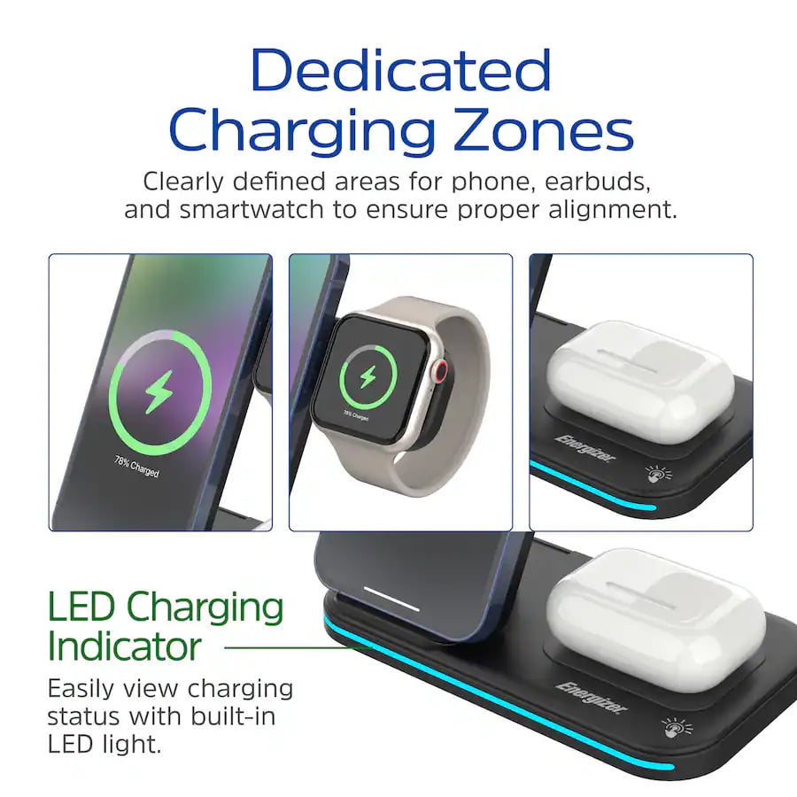 Energizer 3 in 1 15W Foldable Qi Certified Wireless Charging Station for Phone Earbuds and Apple Watch Black