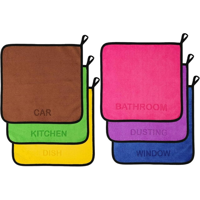 SLICHIO Microfiber Cleaning Cloth Set - 6 Pack Microfiber Towel 12"x12" with Printed Use Labels, Color-Coded Dish Rags Cleaning Towels, Reusable Rags for Cleaning House, Kitchen, Car, Bathroom