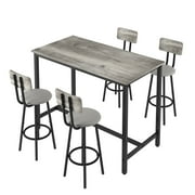 5 Pieces Bar Table Set, Industrial Style Dining Table Set with 4 PU Upholstered Stools, Counter Height Dining Table and Chairs Set, Metal Frame and Wood Top Table Kitchen Furniture Set for Dining Room