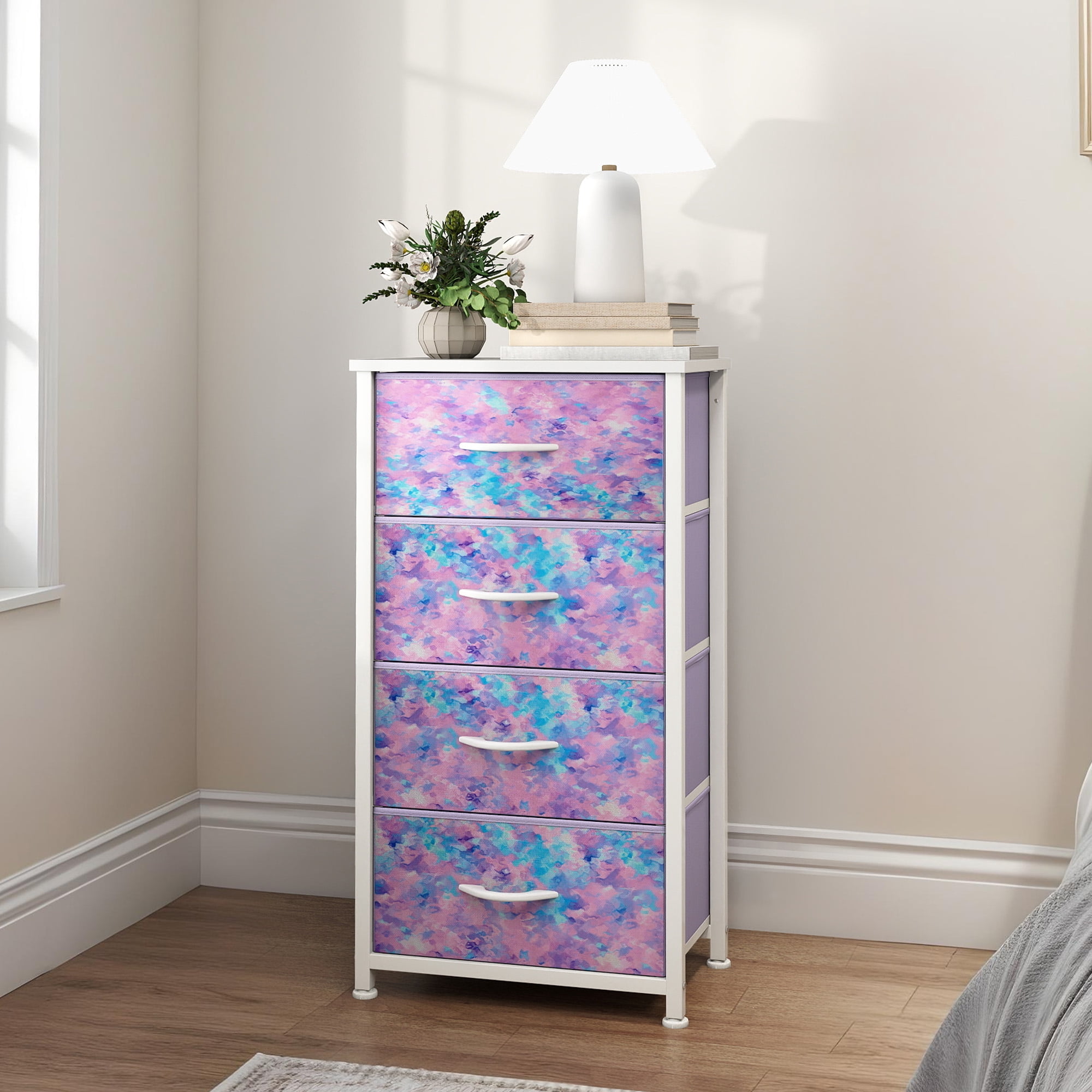 Uforic 4 Drawer Dresser Fabric Chest of Drawers Furniture Storage Organizer for Living Room,,Hallway, Tie-dye Purple