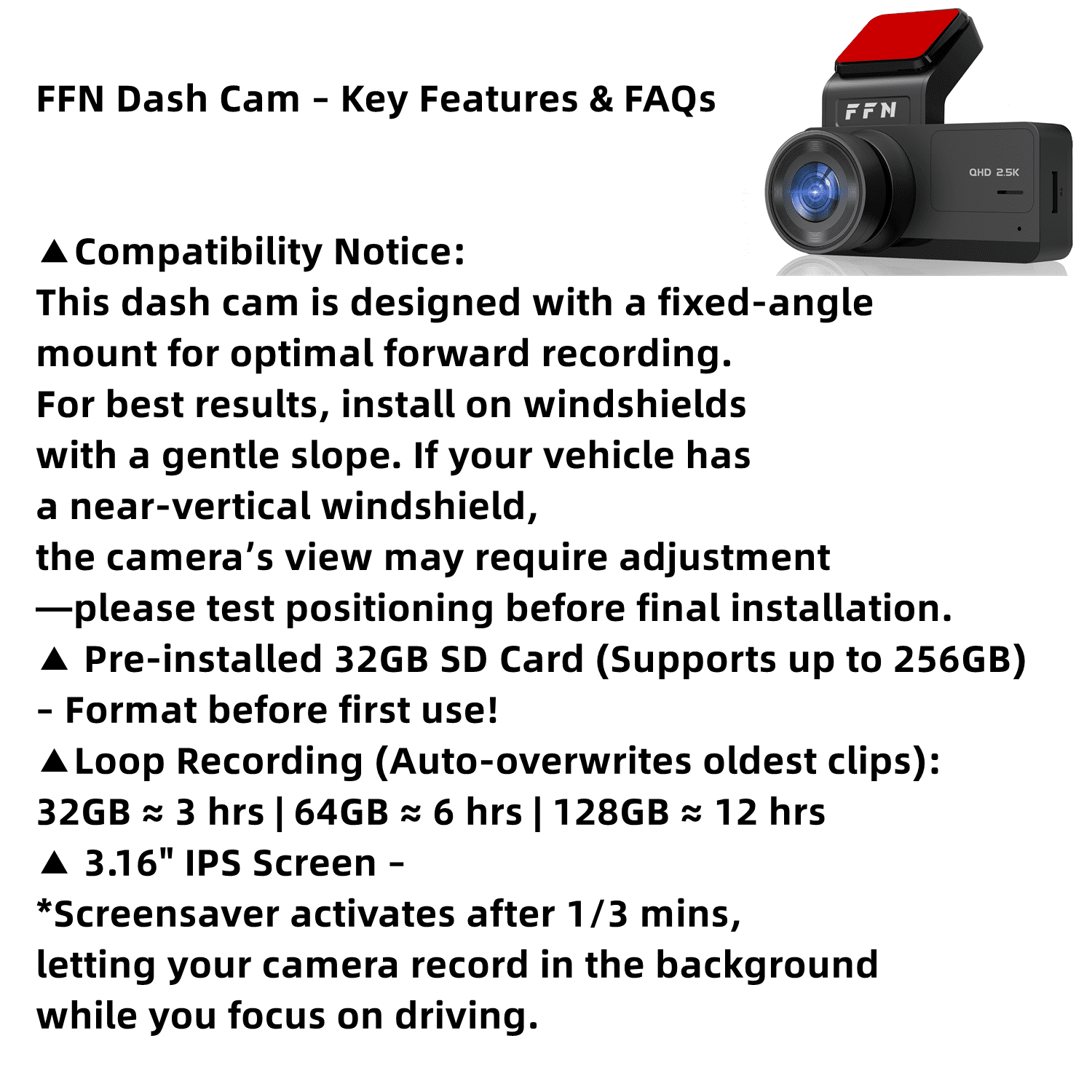 FFN 2.5K+1080P Dual Dash Cam Front and Rear,Car Dash Camera for Cars,Car Camera 170 Wide,Dashcam with Night Vision,Mini Dashcams with WDR,24H Parking Mode,Loop Recording,G-Sensor,32GB SD Card