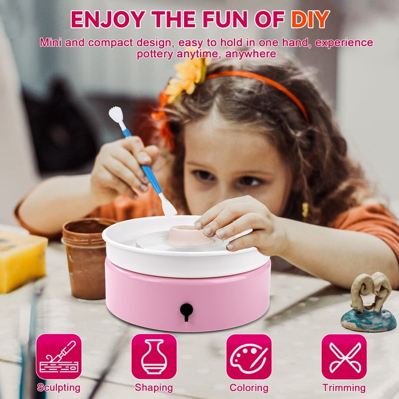 Mini Pottery Wheel，9.45”Pottery Wheel for Adults Beginners Kids, Movable Turntable with Adjustable Speed with 16 Pottery Shaping Tools，Pink