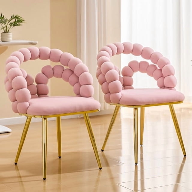 Juego de 2 Sillas de comedor de terciopelo de cadena de bola de silla de burbuja hinchada amarilla con piernas de oro, sillas modernas tapizadas de acento para el comedor y la cocina