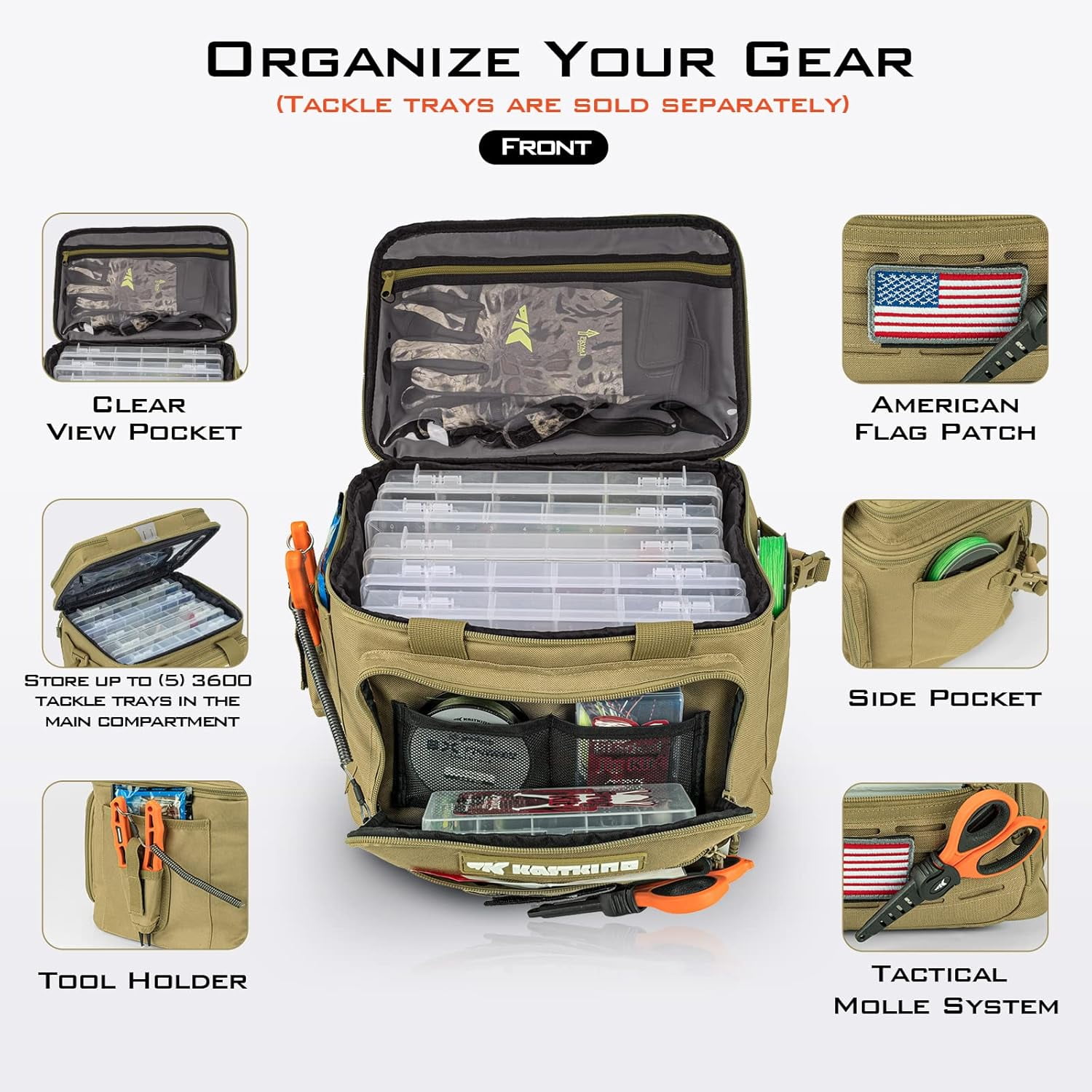KastKing Fishing Tackle Bags- Fishing Gear Storage - Water Resistant Material -Karryall Medium Khaki