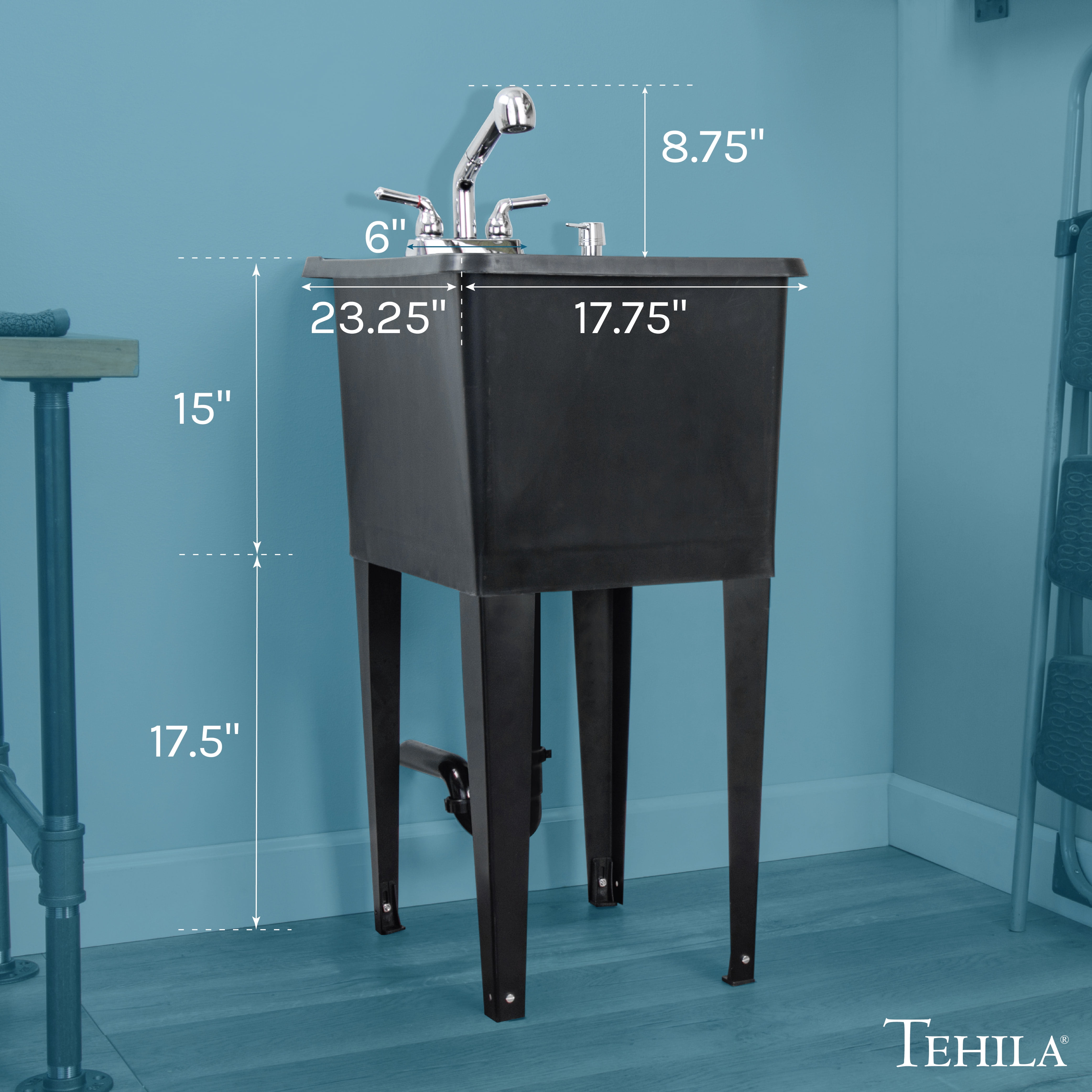 Tehila Black Thermoplastic Freestanding Utility Sink with Chrome Pull-Out Sprayer Faucet, 16 Gallon