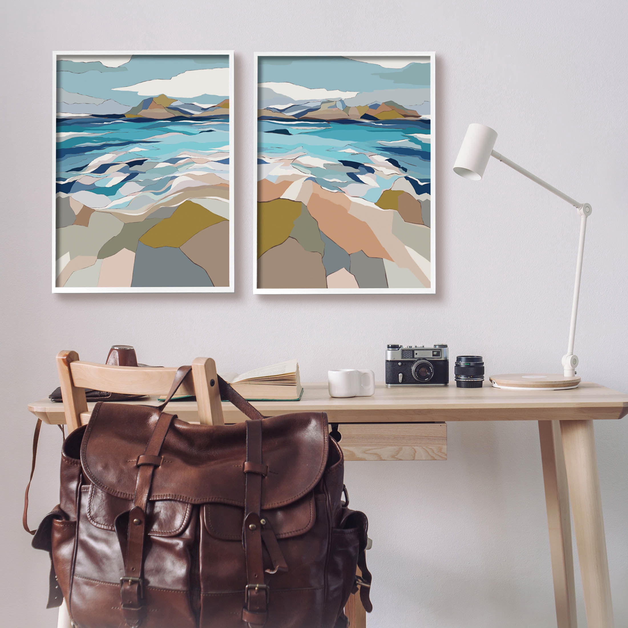Stupell Industries Waterfront Geometric Abstract Painting Graphic Art White Framed Art Print Wall Art, Set of 2, Design by Nikita Jariwala