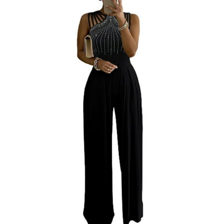 

Pntutb Womens Pants Clearance Women Diamond Solid Halter Jumpsuit Pajamas Casual Wide Leg Pants