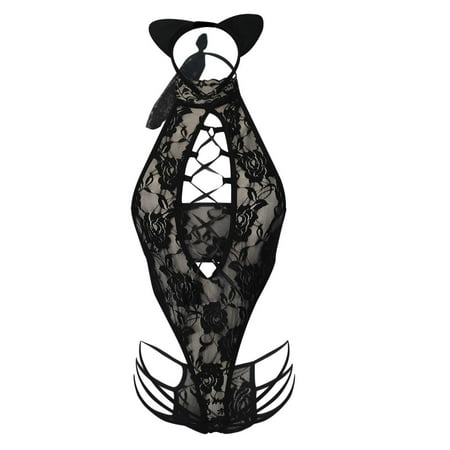 

Women Lace Lingerie Deep V Criss-cross Lace-up Halter Teddy Bodysuit Nightwear See Through Babydoll Underwear