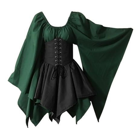 HCURIBAD Halloween Dresses for Women  Halloween Costumes Women s Flared Sleeve Dress Halloween Cosplay Costume Vintage Long Sleeve Corset Dress  Cosplay Costumes  Formal Dresses Army Green M