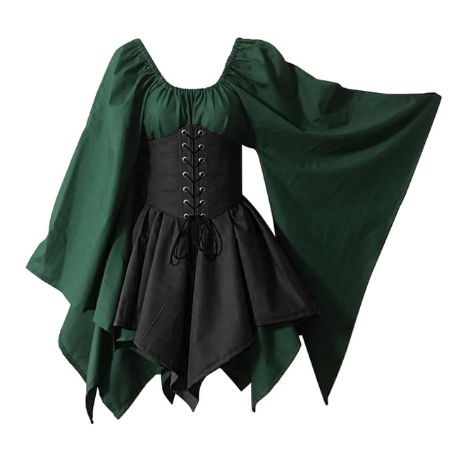 WTXUE Robe à Manches Longues, Robe-Chemise Irlandaise Médiévale à Manches Trompette Vêtements pour Femmes Robe Corset Gothique Rétro, Robe Verte, Vert Armée m