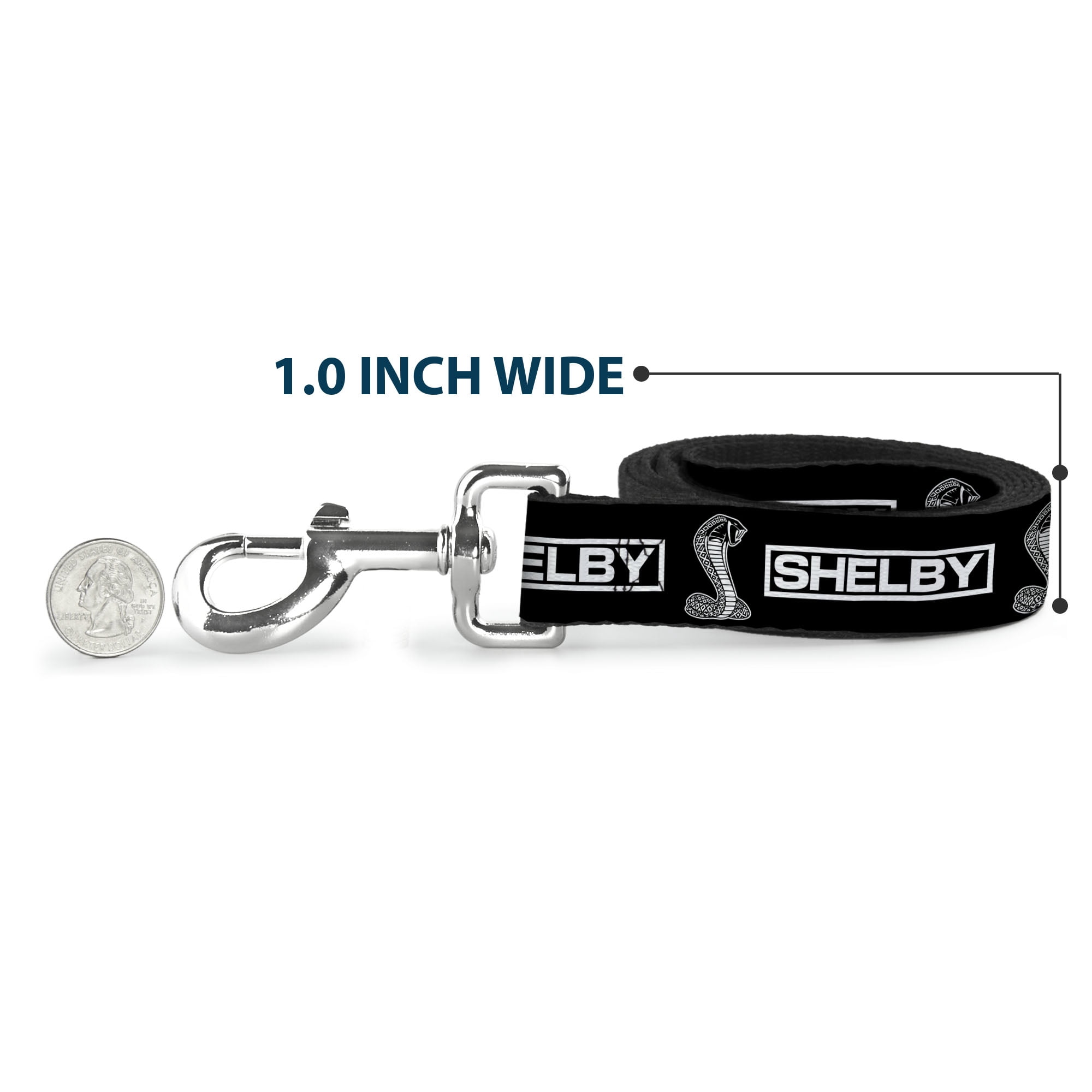 Carroll Shelby Pet Leash, Dog Leash, Shelby Box Logo and Super Snake Cobra Black White, 6 Feet Long 1.0 Inch Wide