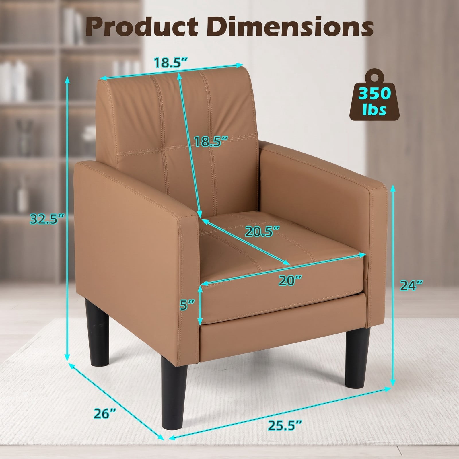 Furnibear PU Leather Modern Accent Chair with Removable Padded Seat Cushion, Ergonomic Upholstered Armchair with Wide Backrest and Plywood Frame for Living Room, Brown