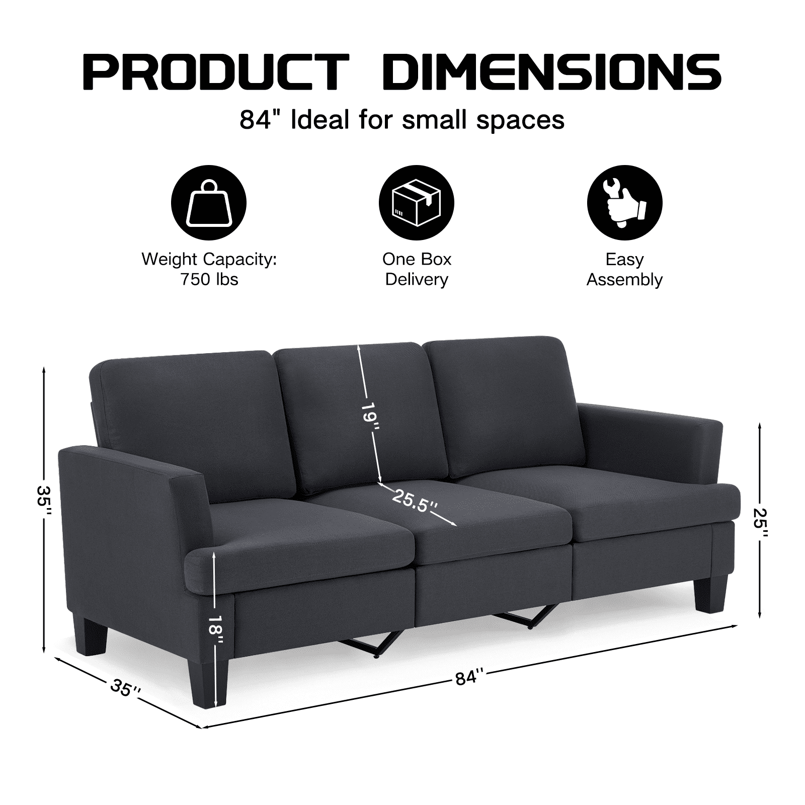 3 Seater Sofa, 84" Linen Upholstered Sofa with Deep Seats, Classic Modern Couch for Living Room, Dark Gray