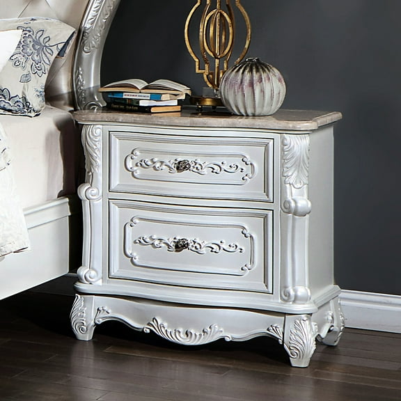 2 Bedroom Nightstand With Solid Wood And Marble Top In Pearl White Design Traditional Bedside Cabinet 2 Drawers, For Use
