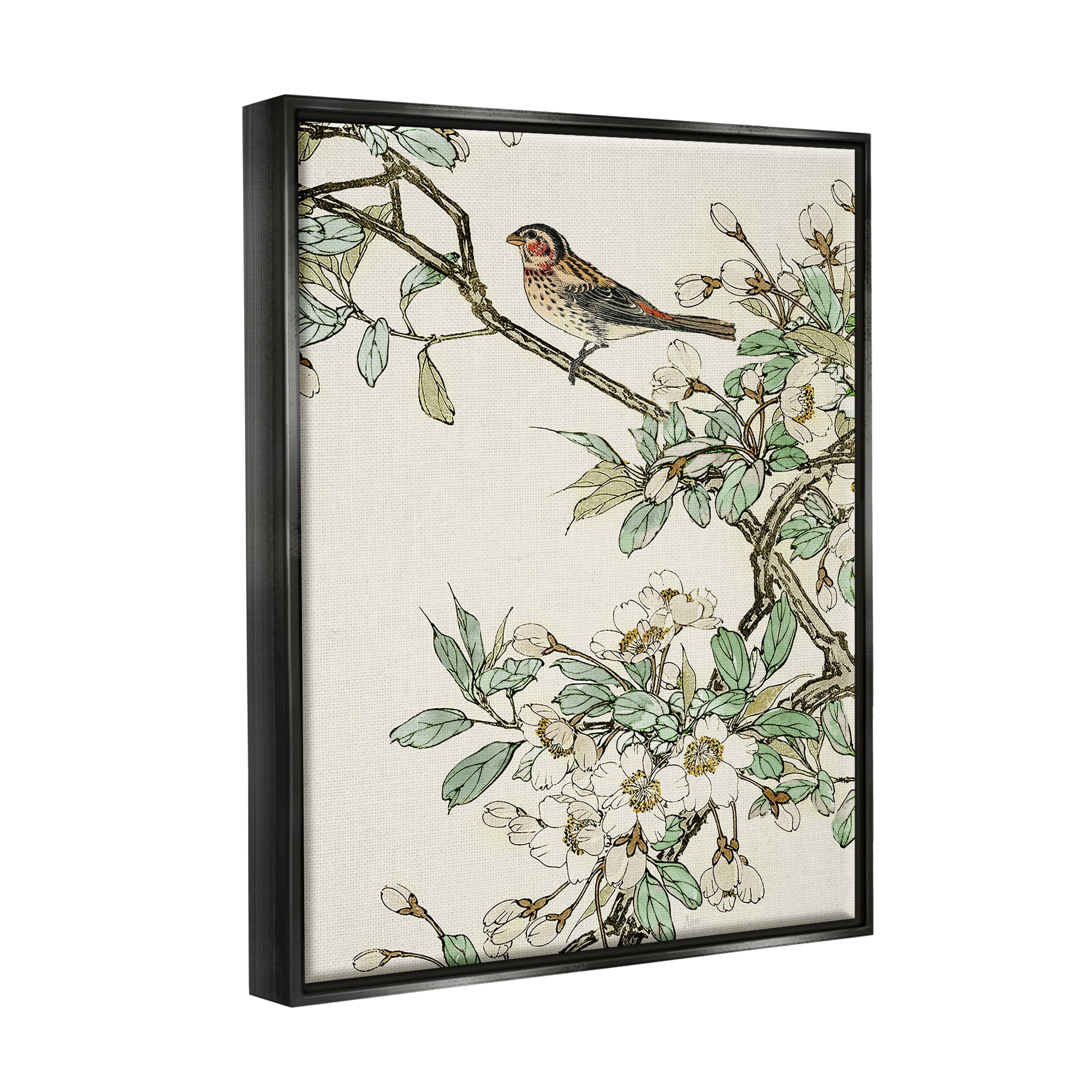 Stupell Industries Traditional Dogwood & Bird Botanical & Floral Painting Black Floater Framed Canvas Art Print Wall Art, 17 x 21