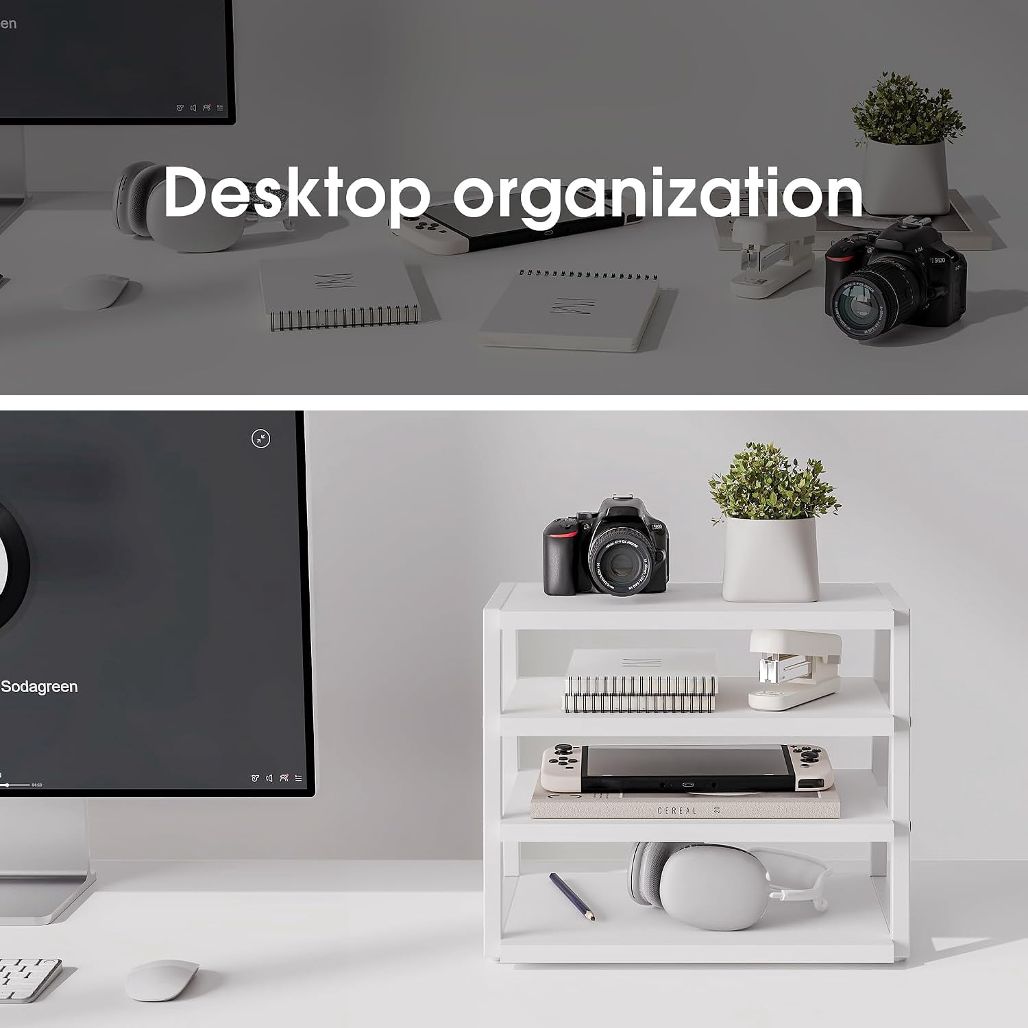 Fenge 4-Tier Desktop Shelf Organizer with Wood and Metal Storage, Black