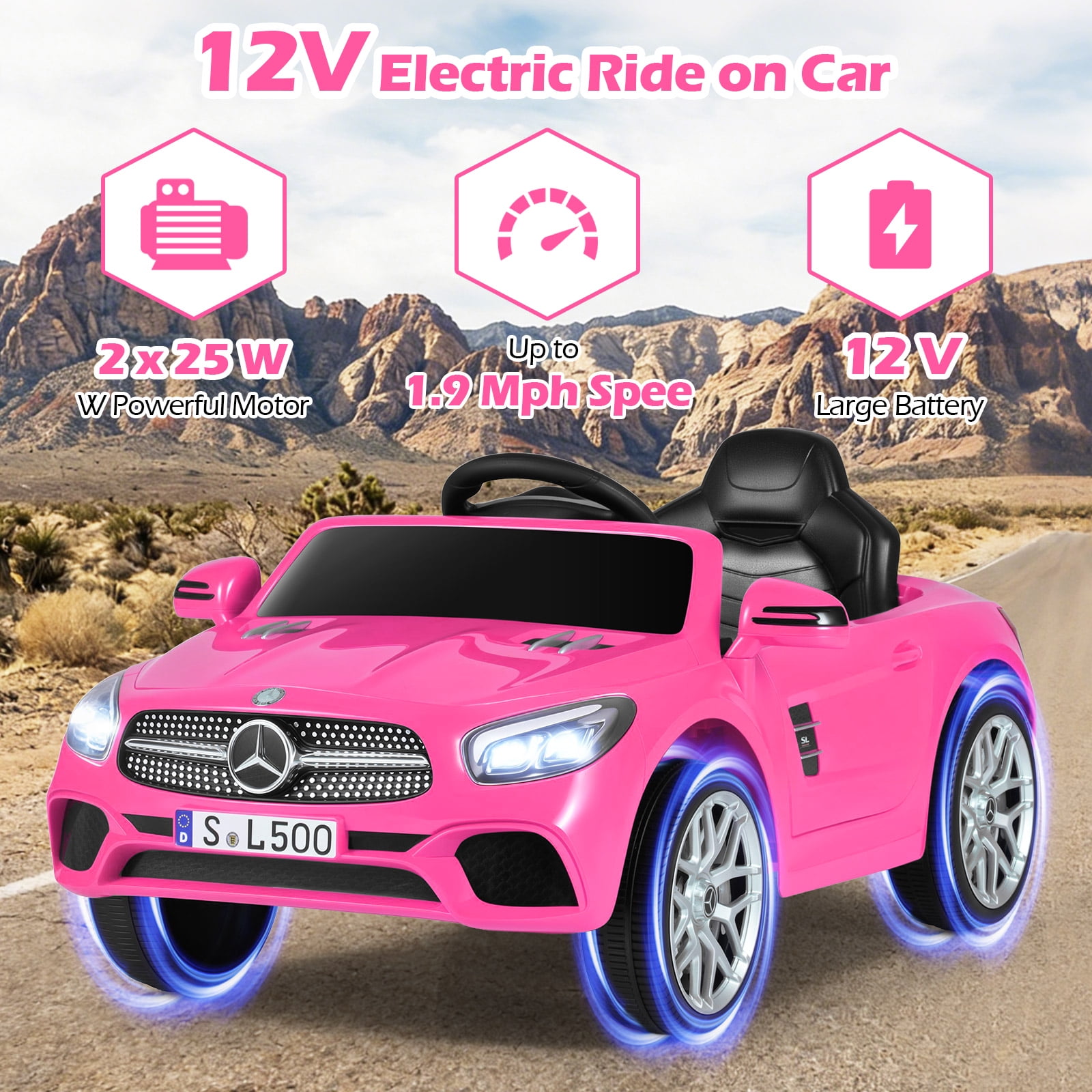 OLAKIDS 12V Electric Kids Ride On Car, Licensed Mercedes Benz SL500 Toy Car with Remote Control, MP3 Plug, USB, 2 Speeds, LED Lights, Battery Powered Toy Vehicle for Toddler Children