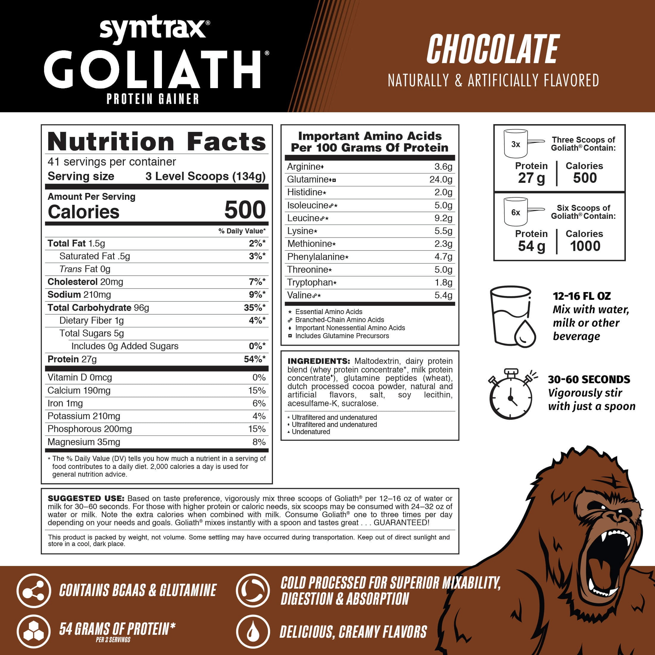 Syntrax Goliath Mass Gainer Protein Powder, Undenatured Whey & Micellar Casein, Chocolate, 12 lb