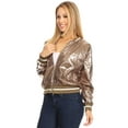 thumbnail image 3 of Womens Long Sleeve Front Zip Track Stripe Sequin Bomber Jacket, Gold, Large, 3 of 5
