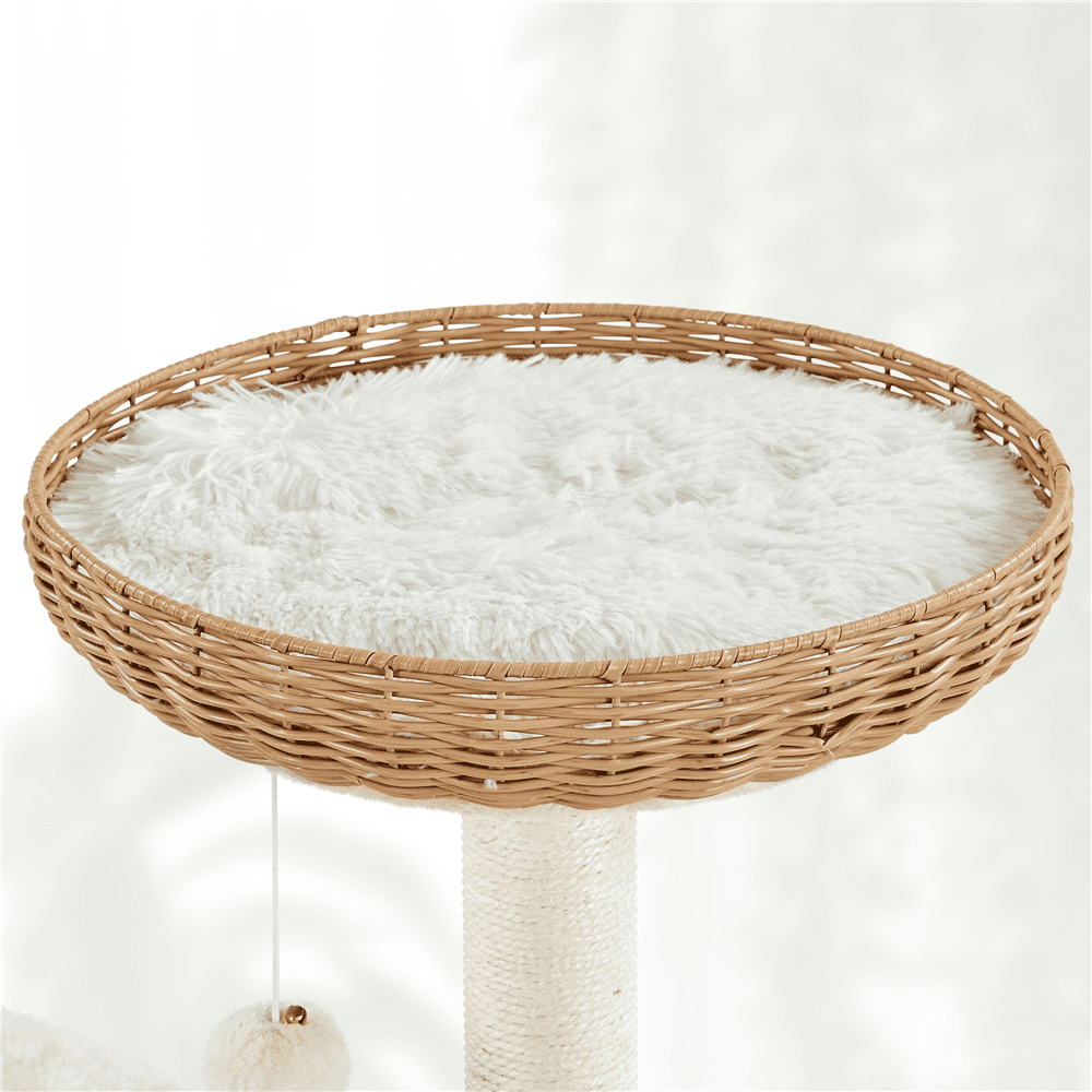 Alden Design 54″ Tall Rattan Cat Tree with Soft Cushion Clear Bowl for Small/Medium Cats, Beige